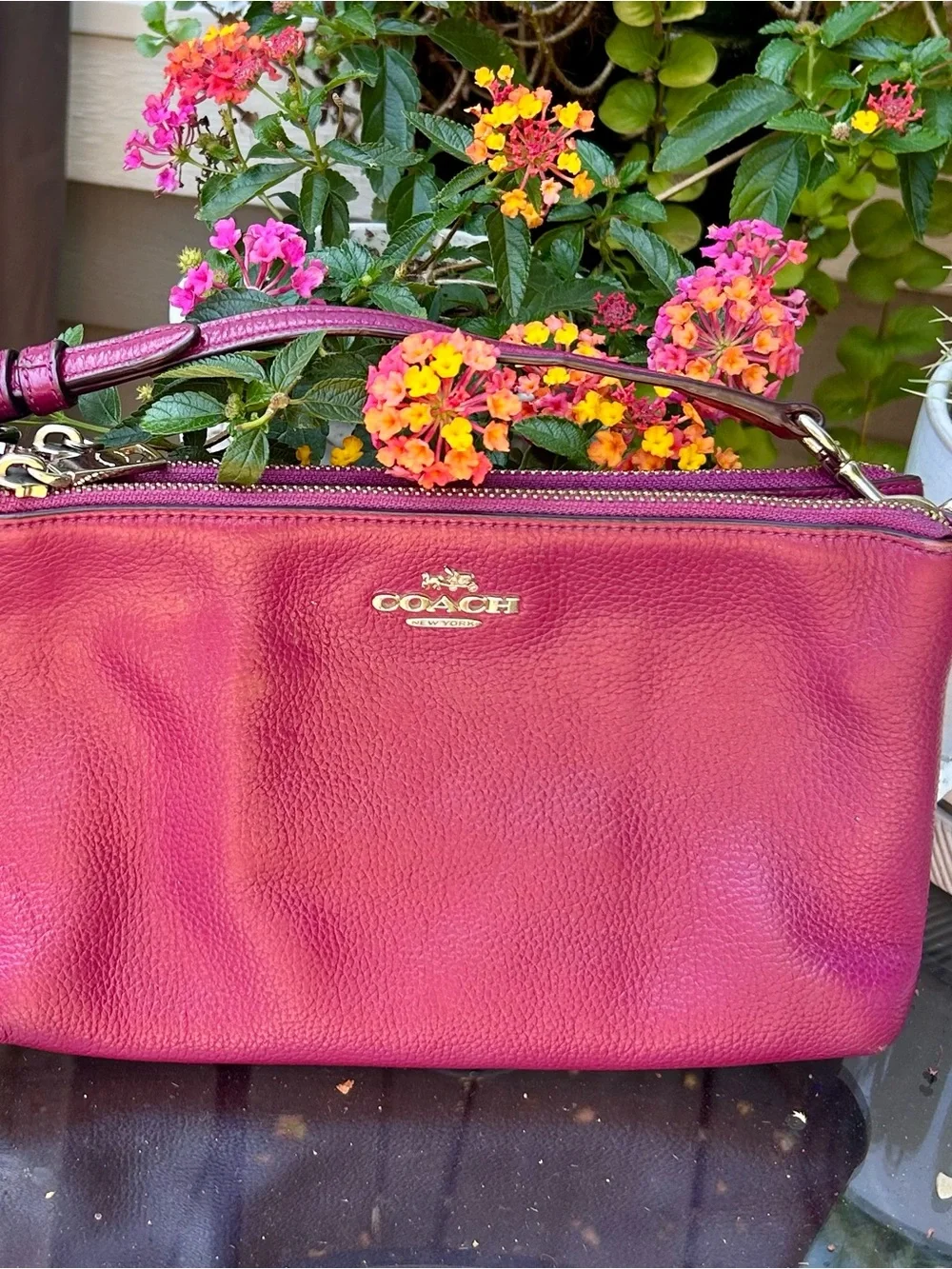 Coach Pebbled Leather Double Zip Wristlet - Raspberry - Picture 1 of 16
